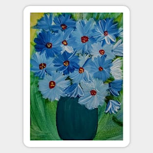 Blue flowers bouquet in a metallic turquoise vase Sticker